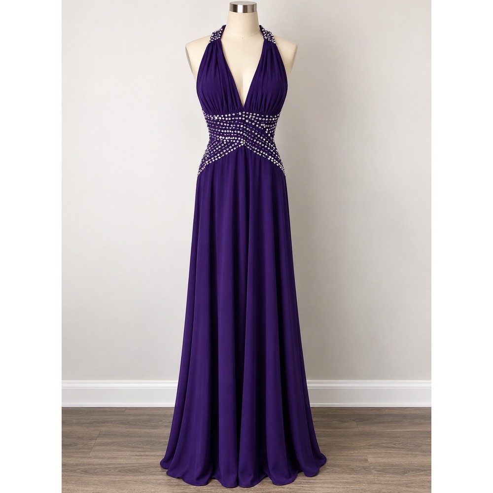 Betsy & Adam Purple Rhinestone Halter Keyhole Back Evening Gown Dress 12